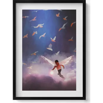 Obraz Obraz v černém rámu na zeď Chlapec s andělskými křídly 50x70 cm