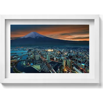 Obraz Dekorativní obraz v bílém rámu do obýváku: Pohled na Tokio a horu Fudži, 30x20 cm