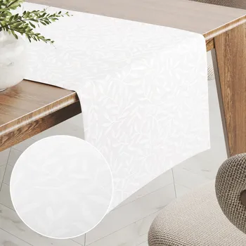 ubrus Dekorační běhoun na stůl Sofia SF-001 Bílé vyrážené větvičky s lístky 20x120 cm