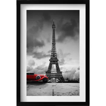 Obraz Dekorativní nástěnný obraz s grafikou Eiffelovy věže a červeného auta 40x60 cm