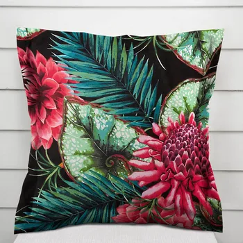 Povlak na polštářek Bavlněný povlak na polštář s lemem Sandra SA-566 Velké tropické květy a listy na černém 50 x 60 cm