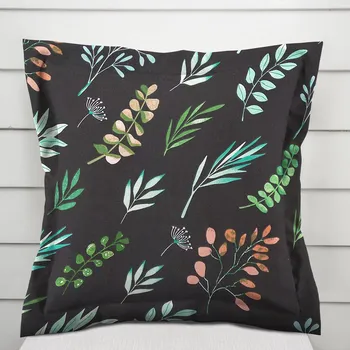 Povlak na dekorativní polštářek Bavlněný povlak na polštář s lemem Sandra SA-556 Větvičky s lístky na černém 50 x 60 cm