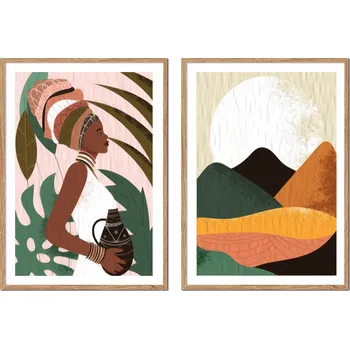 Obraz DYPTYCH Sada 2 OBRAZŮ V RÁMU Afrika žena v turbanu hory P2552_43x53