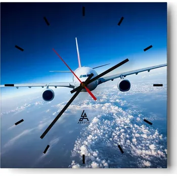 Hodiny Velké nástěnné hodiny na zeď 40x40 Letadlo Skleněné hodiny Čtvercové Tiché