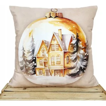 Vánoční dekorace Dekorační povlak na polštář VÁNOČNÍ BAŇKA 3D 40x40 Velvet, motiv baňka, domky, zima