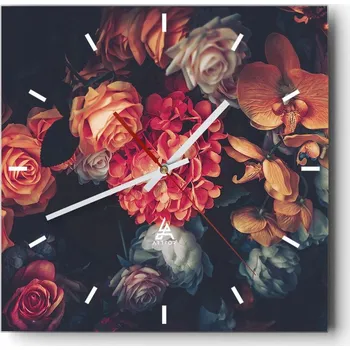 Hodiny Velké nástěnné hodiny na zeď 40x40 Květiny Skleněné hodiny Čtvercové Tiché
