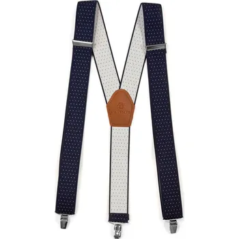 Kšandy Avantgard Šle Y s koženým středem a zapínáním na klipy - 35 mm, 856-310269, Modrá s bílým puntíkem, koňaková kůže