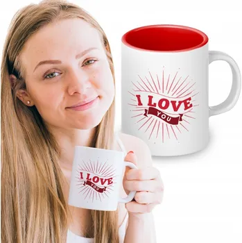BÍLÝ HRNEK S ČERVENÝM VNITŘKEM 330 ml Dárek Upomínka MILUJI TĚ