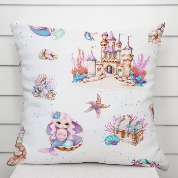 Povlak na dekorativní polštářek Dětský bavlněný povlak na polštář Sandra SA-567 Mořské víly a království na bílém 35 x 45 cm