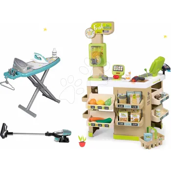Hra na obchod Set obchod Bio Ovoce-Zelenina Organic Fresh Market Smoby a vysavač elektronický se žehlicím prknem a žehličkou