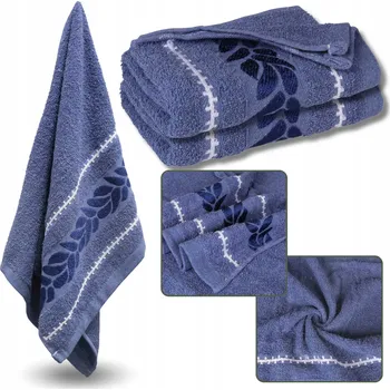 Modrý bavlněný ručník s výšivkou, osuška listy 70x135cm x2