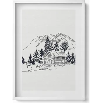 Obraz Dekorativní obraz v rámu na zeď do obýváku Kresba domek v horách 50x70 cm