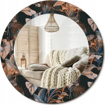 Zrcadlo Nástěnné zrcadlo s ozdobnou grafikou na skle Tmavé tropické listy průměr 50 cm