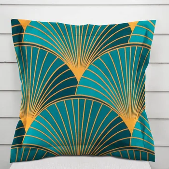 Povlak na polštářek Bavlněný povlak na polštář s lemem Sandra SA-575 Oranžové vějíře na zeleno-tyrkysovém 30 x 50 cm