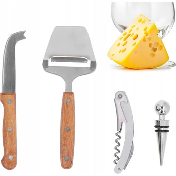 Sada na víno, nůž na sýr, kráječ sýra, akátové dřevo, ocel, vývrtka, zátka