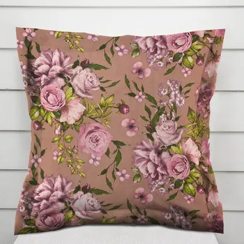 Povlak na dekorativní polštářek Bavlněný povlak na polštář s lemem Sandra SA-554 Růže a hortenzie na hnědém 40 x 60 cm