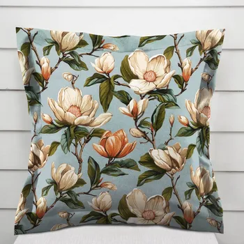 Povlak na dekorativní polštářek Bavlněný povlak na polštář s lemem Sandra SA-545 Květy magnolie na šedomodrém 40 x 40 cm