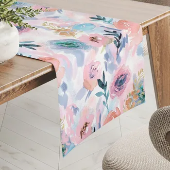 ubrus Sametový běhoun na stůl Tamara TMR-030 Růžovo-modré akvarelové květy 20x160 cm