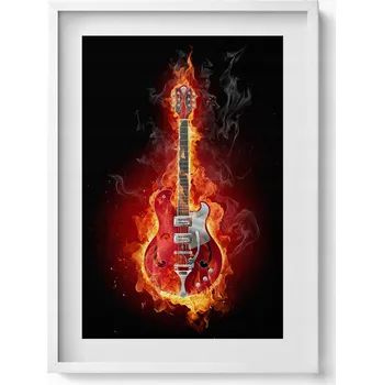 Obraz Obraz s grafikou v bílém rámu Hořící červená elektrická kytara 50x70 cm