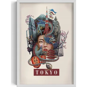 Obraz Nástěnný obraz rám Retro styl Tokyo Tower Hora Fudži Drak Višňový květ 40x60