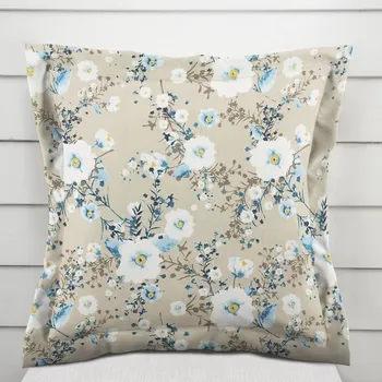 Povlak na dekorativní polštářek Bavlněný povlak na polštář s lemem Sandra SA-552 Modré pnoucí květy na béžovém 40 x 40 cm