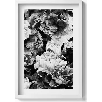 Obraz Obraz s bílým rámem a grafikou na zeď Černobílé květiny pivoňky 40x60 cm