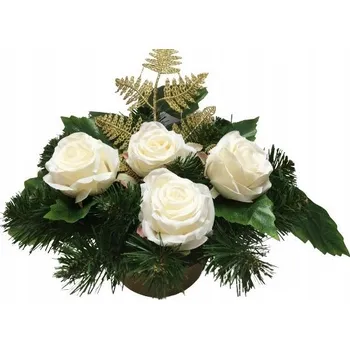 umělá květina DEKORACE na hřbitov BÍLÉ RŮŽE v květináči hotová kompozice s květinami