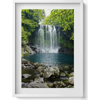 Obraz Dekorativní nástěnný obraz v bílém rámu Vodopád a řeka mezi stromy 50x70 cm