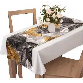 ubrus DEKORATIVNÍ BĚHOUN NA STŮL 40x120 CM ŠEDÝ SE ZLATÝMI LISTY UBRUS NA STŮL