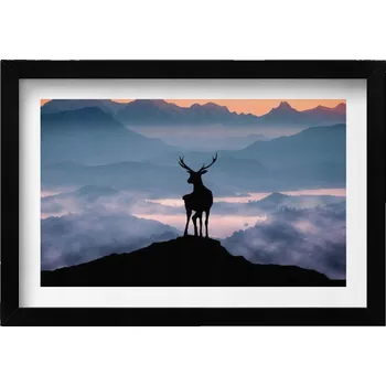 Obraz Dekorativní nástěnný obraz v rámu s grafikou Jelen na vrcholu hor 30x20 cm