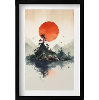 Obraz Grafika v rámu Japonská ilustrace slunce nad skalami a stromy 40x60 cm