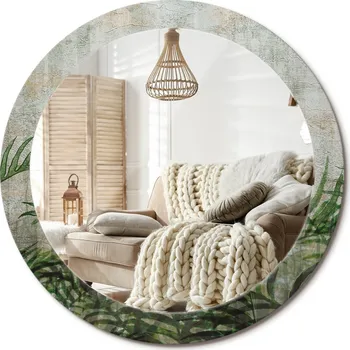 Zrcadlo Stylové kulaté zrcadlo na zeď s potiskem Skleněné zrcadlo Listy kapradí průměr 80 cm