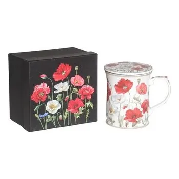 HOME ELEMENTS Hrnek 400 ml se sítkem a víčkem, Máky bílé