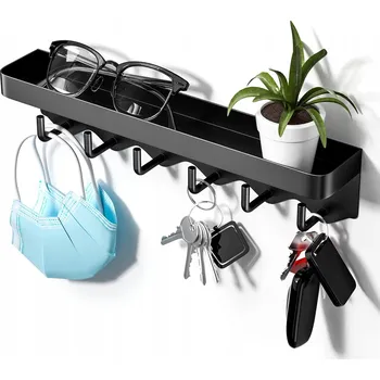 Věšák DRŽÁK VĚŠÁK TABULE NA KLÍČE OBLEČENÍ S POLIČKOU 6 HÁČKŮ ČERNÝ