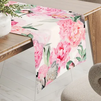 ubrus Sametový běhoun na stůl Tamara TMR-037 Růžové pivoňky na bílém 20x120 cm
