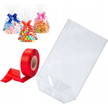 Potravinová fólie SAČKY S KŘÍŽOVÝM DNEM 15,5x25,5 + ČERVENÁ STUHA