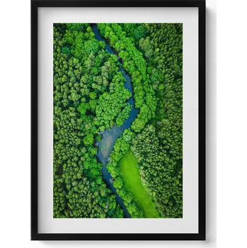 Obraz Dekorativní nástěnný obraz s černým rámem a grafikou loft Řeka v lese 50x70 cm