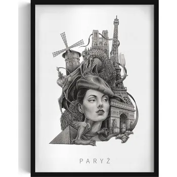 Obraz Závěsný obraz rámeček Černobílý Paříž Eiffelova věž Moulin Rouge 50x70 cm