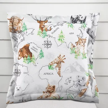 Povlak na dekorativní polštářek Bavlněný povlak na polštář s lemem Sandra SA-546 Zvířata světa na bílém 35 x 45 cm