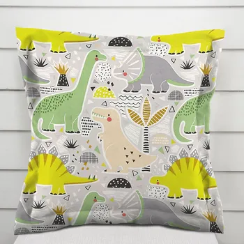 Povlak na dekorativní polštářek Dětský bavlněný povlak na polštář s lemem Sandra SA-564 Dinosauři a brontosauři na šedém 40 x 60 cm