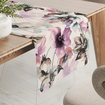ubrus Sametový běhoun na stůl Tamara TMR-050 Abstraktní fialové květiny na smetanovém 20x120 cm