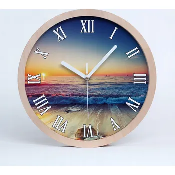 Hodiny Dřevěné nástěnné hodiny východ slunce moře průměr 25 cm