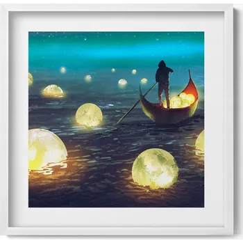 Obraz Dekorativní nástěnný obraz v bílém rámu - Ilustrace loděk a měsíců, 50x50 cm