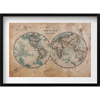 Obraz Nástěnný dekorativní foto obraz v černém rámu Stará mapa světa 70x50 cm