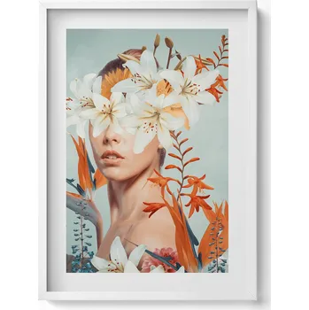 Obraz Závěsný obraz rámeček bílé barvy Abstrakce žena s květinami 50x70 cm