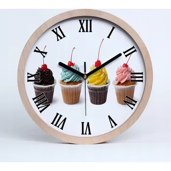 Hodiny Dřevěné nástěnné hodiny kulatý s motivem cupcakes, průměr 30 cm