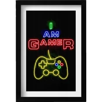 Obraz Dekorativní nástěnný obraz v rámu Neonový nápis pro hráče I am gamer 20x30 cm