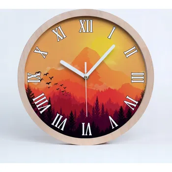Hodiny Velké dřevěné nástěnné hodiny horská krajina průměr 30 cm