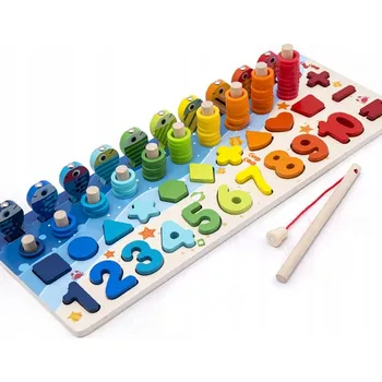 Dřevěná hračka MONTESSORI DŘEVĚNÁ TABULE VKLÁDAČKA Vzdělávací DESKA Rybičky Čísla Kolečka
