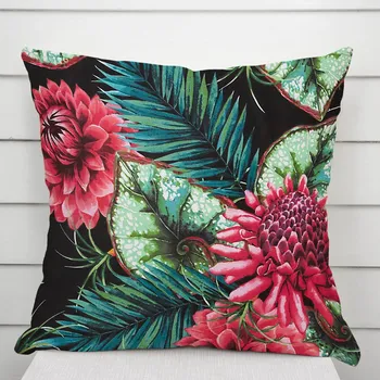 Povlak na dekorativní polštářek Bavlněný povlak na polštář Sandra SA-566 Velké tropické květy a listy na černém 50 x 50 cm